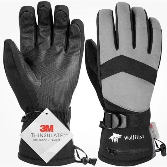 Wolfilist Ski Snow GLOVES Waterproof 3M-Thinsulate Insulation Black Gray Medium - Picture 1 of 3
